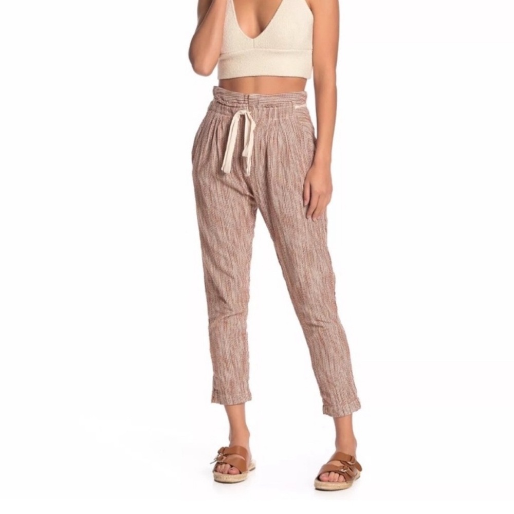 Free People Boho Striped Cropped Pants Paper Bag Waist Relaxed Fit 100% Cotton
